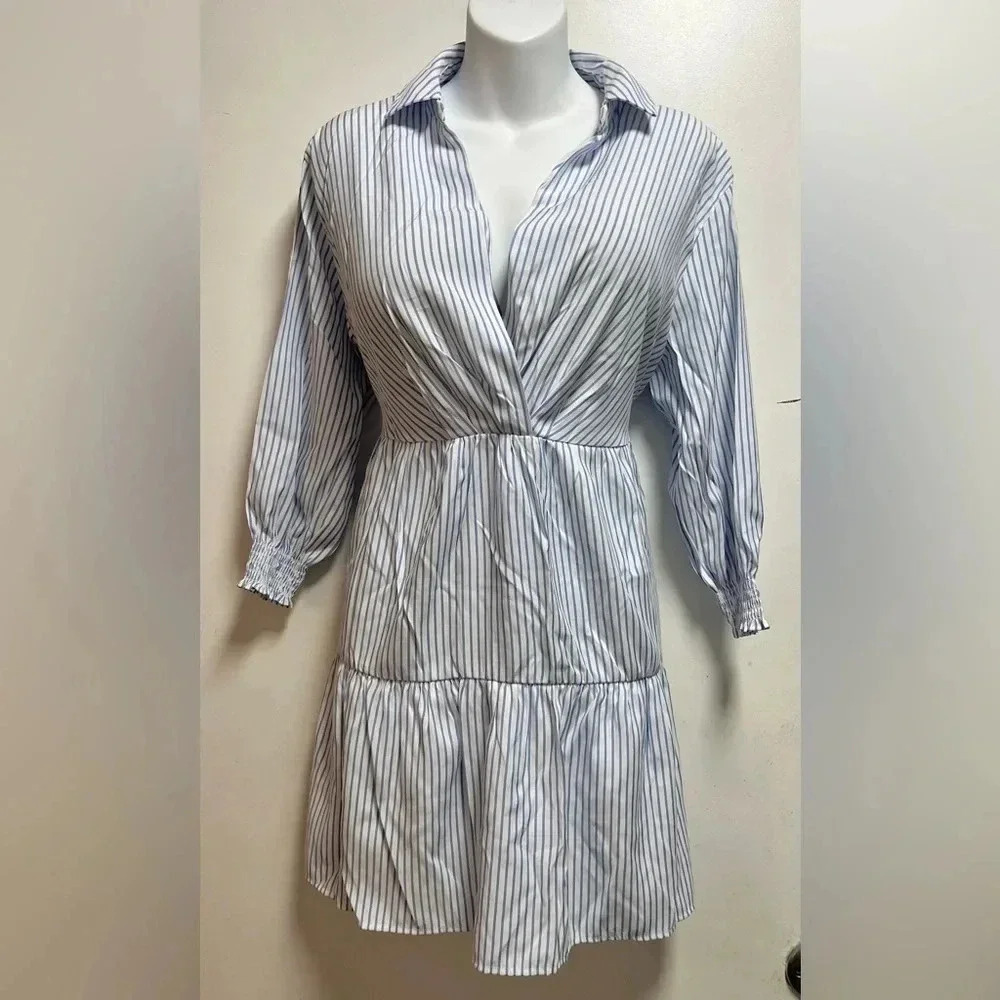 Zara 3/4 Sleeve V Neck Collar Striped Dress Casual A Line Ruffle Hem Mini